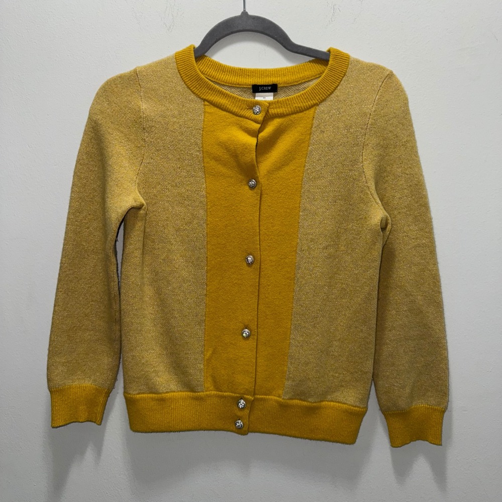 J Crew Y2K Womens XS Wool Cashmere Cardigan Mustard Yellow Colorblock Rhinestone